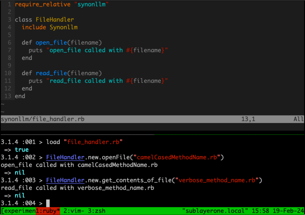 An example of ruby code using a module named "synonllm" showing an example of calling methods using the synonyms of methods that exist on the class and the LLM taking care of finding and calling the correct method.